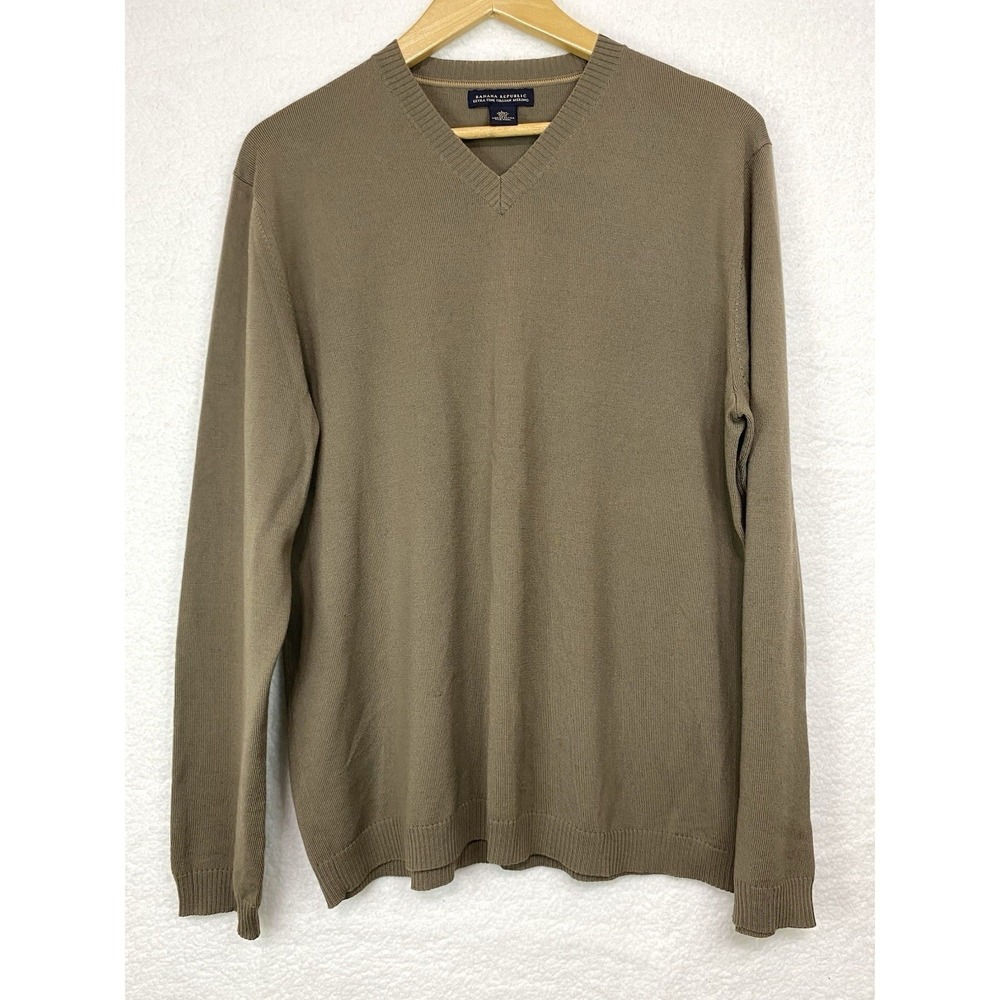 Banana Republic Mens L V-Neck Sweater Olive Brown Extra Fine Italian Merino Wool